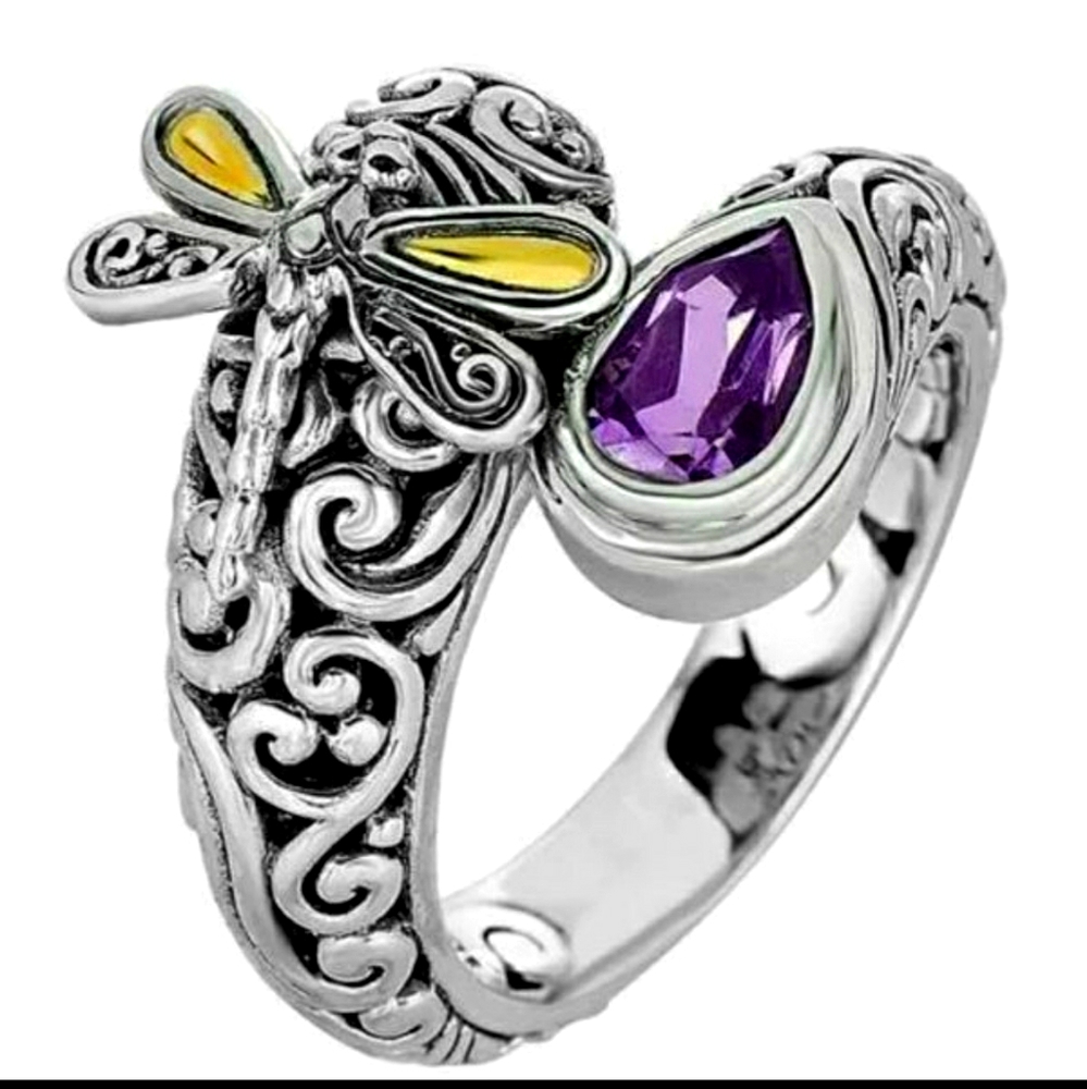 New silver plated purple amethyst color dragonfly ring size 7